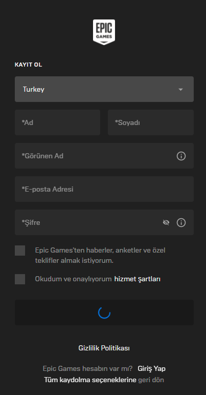 Epic Games Kayıt