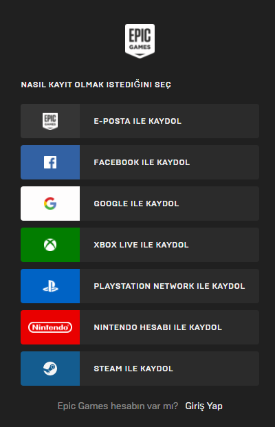 Epic Games Store Kayıt Seçenekleri